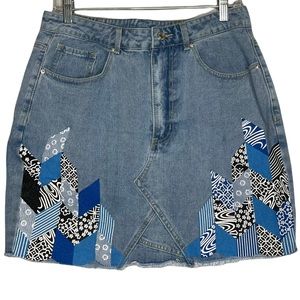 SHEIN Geo Print Raw Hem Denim Skirt, Size 0XL